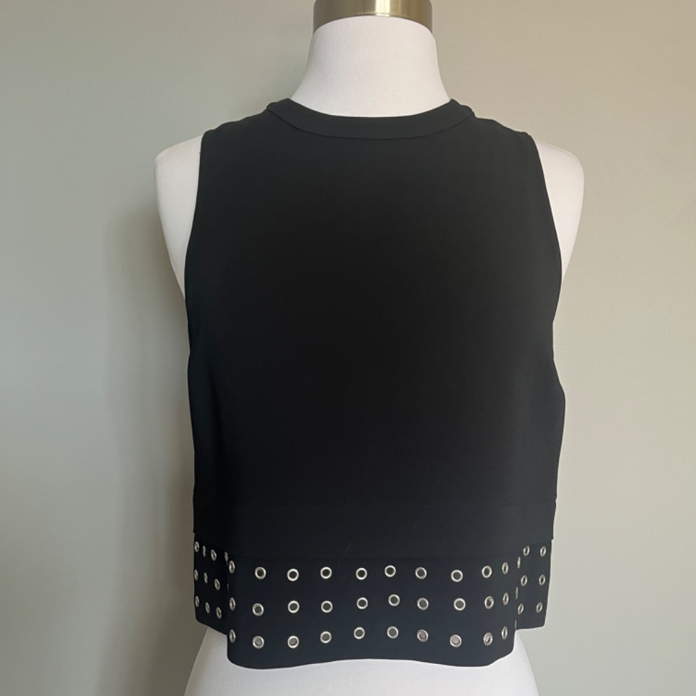 A.L.C. Black Crepe Henson Eyelets Sleeveless Cocktail Studded Crop Top Blouse 2